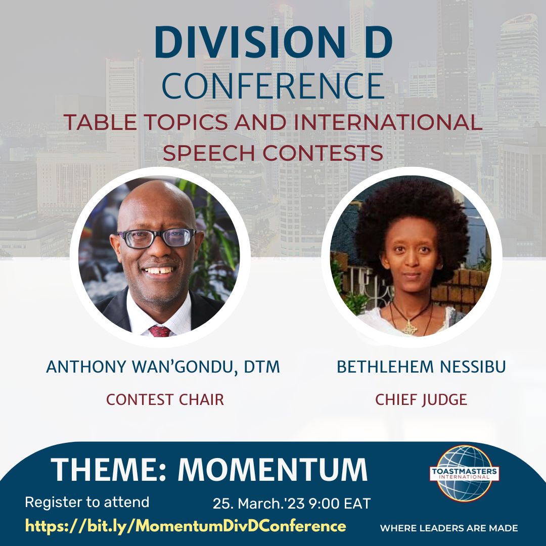 d114divisiond's tweet photo. The count down has begun and the excitement is gaining Momentum! Brace yourselves for an exhilarating Division contest! The Evaluation and Humorous Speech contests will be hosted by our very able Contest Chair, ✨Anthoney Wangondu✨ and Chief Judge ✨ Bethlehem Nessibu✨! https://t.co/TFXujx1ZZI