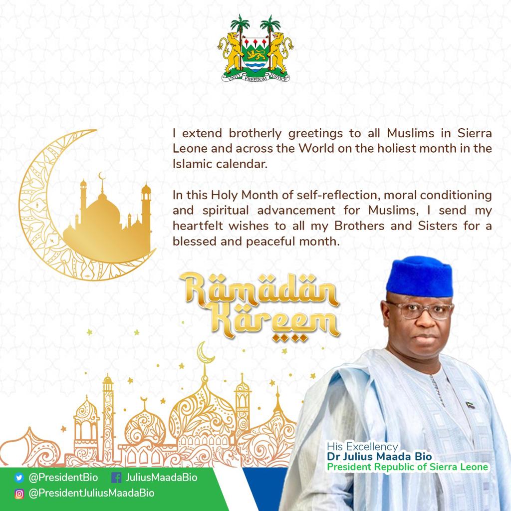 AkapoIfedayo's tweet photo. @PresidentBio wishes the Muslim Ummah in #SierraLeone and beyond the best of the Ramadan season. #RamadanKerem #SaloneTwitter #salone #TheNewDirectionAgenda https://t.co/aNwYpLoKcI
