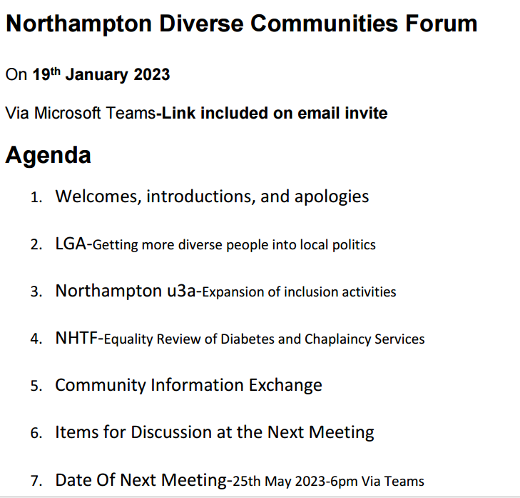 Join me at 11am today when I am chairing a meeting of 
@WestNorthants #Diverse Communities Forum. We have some fantastic guest speakers today including @DavidWeaver01, @U3ANorthampton & @NGHnhstrust🗣️

All welcome are to attend- DM me for details.😃