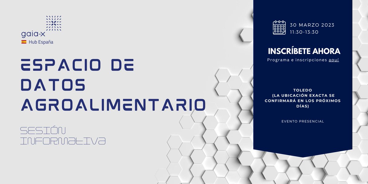 GaiaXSpain's tweet image. Sesión informativa sobre Espacio de Datos Agroalimentario.

SAVE THE DATE 30-marzo
Toledo (ubicación exacta próximamente)

#espaciodedatos #agroalimentario y los casos de uso que estamos impulsando desde Gaia-X España

Programa e inscripciones en: forms.gle/2Y8HjdwsmwmosB…