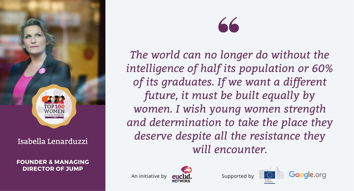 🦸🏼‍♀️ Meet the Top 100 Women in Social Enterprise 2023! 

Isabella Lenarduzzi 🇧🇪 is the CEO and founder of JUMP : youtube.com/shorts/jisBeIn…

Top 100 Women in Social Enterprise 2023 list 👉    euclidnetwork.eu/portfolio-post…