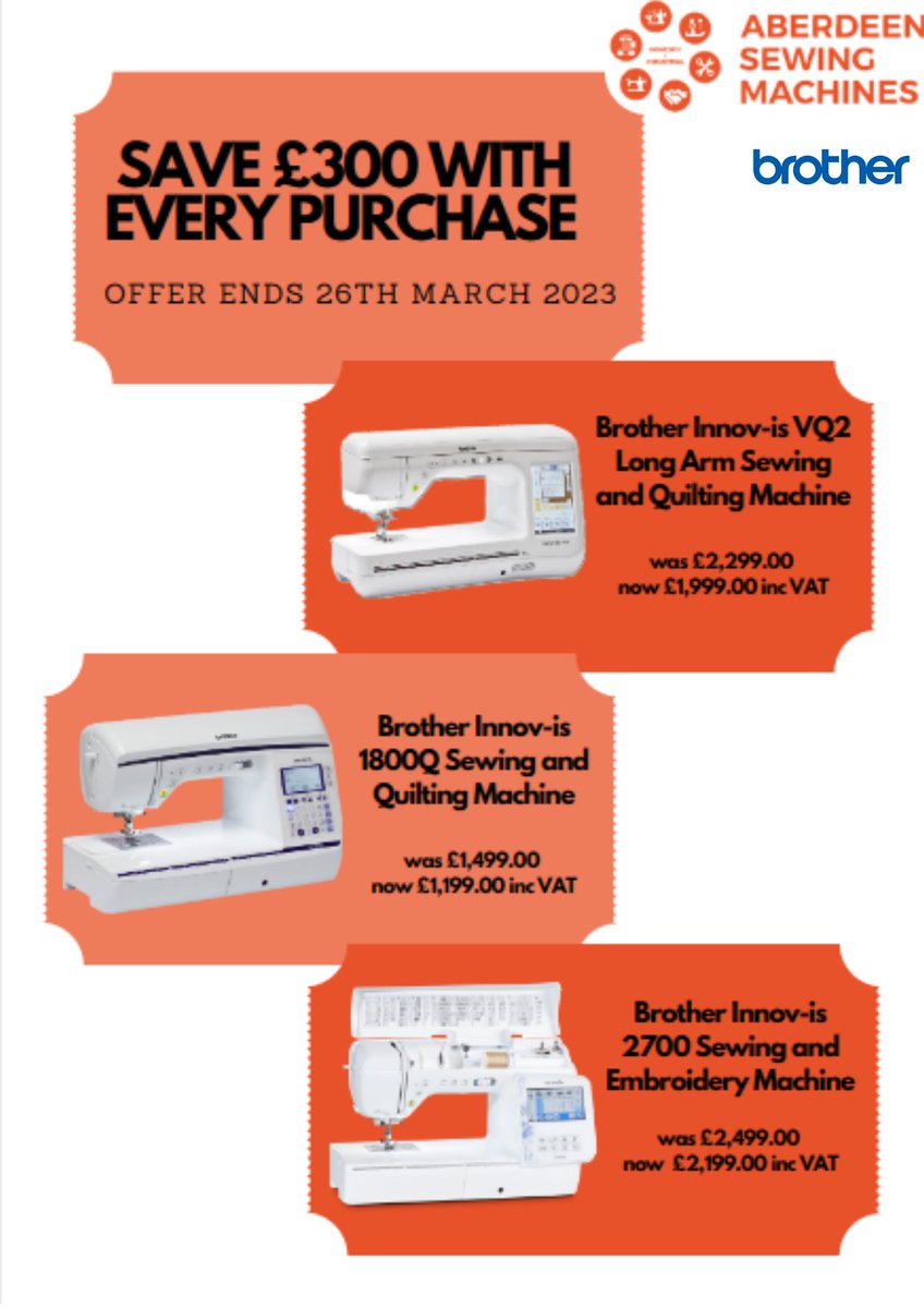 AberdeenSewing's tweet photo. Some more @Brothersews special offers this month from #Aberdeen #Sewing #Machines. Come in and have a try or buy online with local support #Aberdeen #Sewing #Embroidery #Scotland #shoplocal
| Unit 4 Novar Place | Aberdeen | AB25 3LG | 01224 478555 | https://t.co/1ET7zPuNca https://t.co/F6vgVaMXCv
