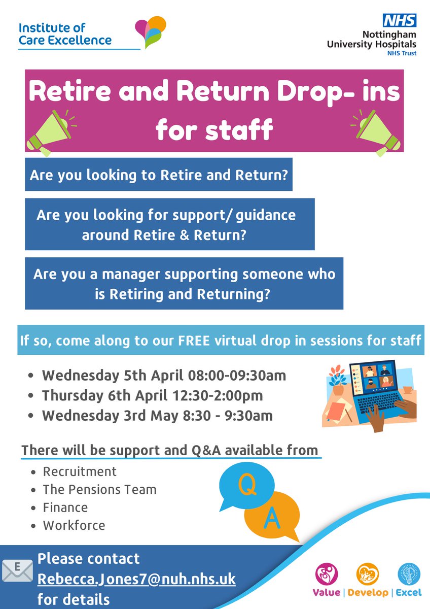 Looking for support with the retire and return process? Virtual drop in sessions available to book now #Here4LateCareer @EmilyHo80537498 <a href="/BurbidgeNatalie/">N Burbidge</a> @suehaines1 <a href="/NUHInstitute/">Institute of Care Excellence</a>