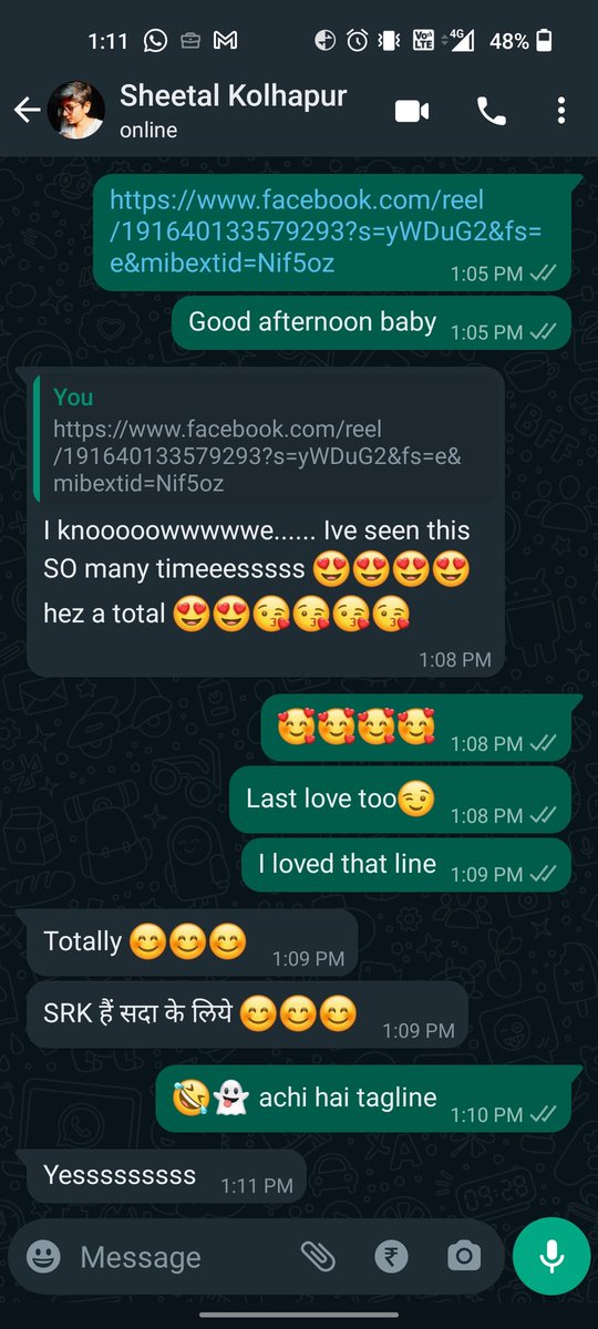 prie1roma's tweet photo. @iamsrk i have a friend who is just crazzy for you.... Our whats app chats are all about you only.. sharing a small convo of us with you and please send some love to her !! I know you will like the tagline made by her in love of you..! #srkहै_सदा_के_लिये https://t.co/N7dDjLyOG8