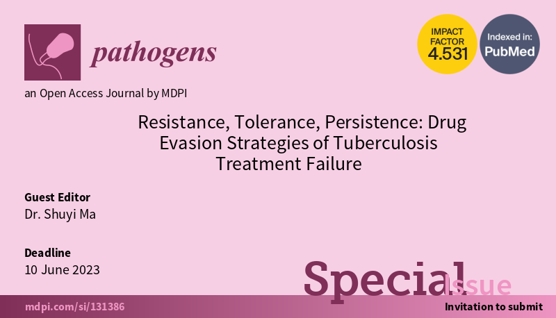 Pathogens_MDPI's tweet photo. #callforpaper
📢 Special Issue: Resistance, Tolerance, Persistence: Drug Evasion Strategies of #Tuberculosis Treatment Failure
👨‍🎓 Guest Editor: Shuyi Ma @dreamcatcher284
⏰ Deadline: 10 June 2023
🔗 https://t.co/SzJMvXeCg5
#drugresistance
#drugtolerance https://t.co/5WUfeRqMDs