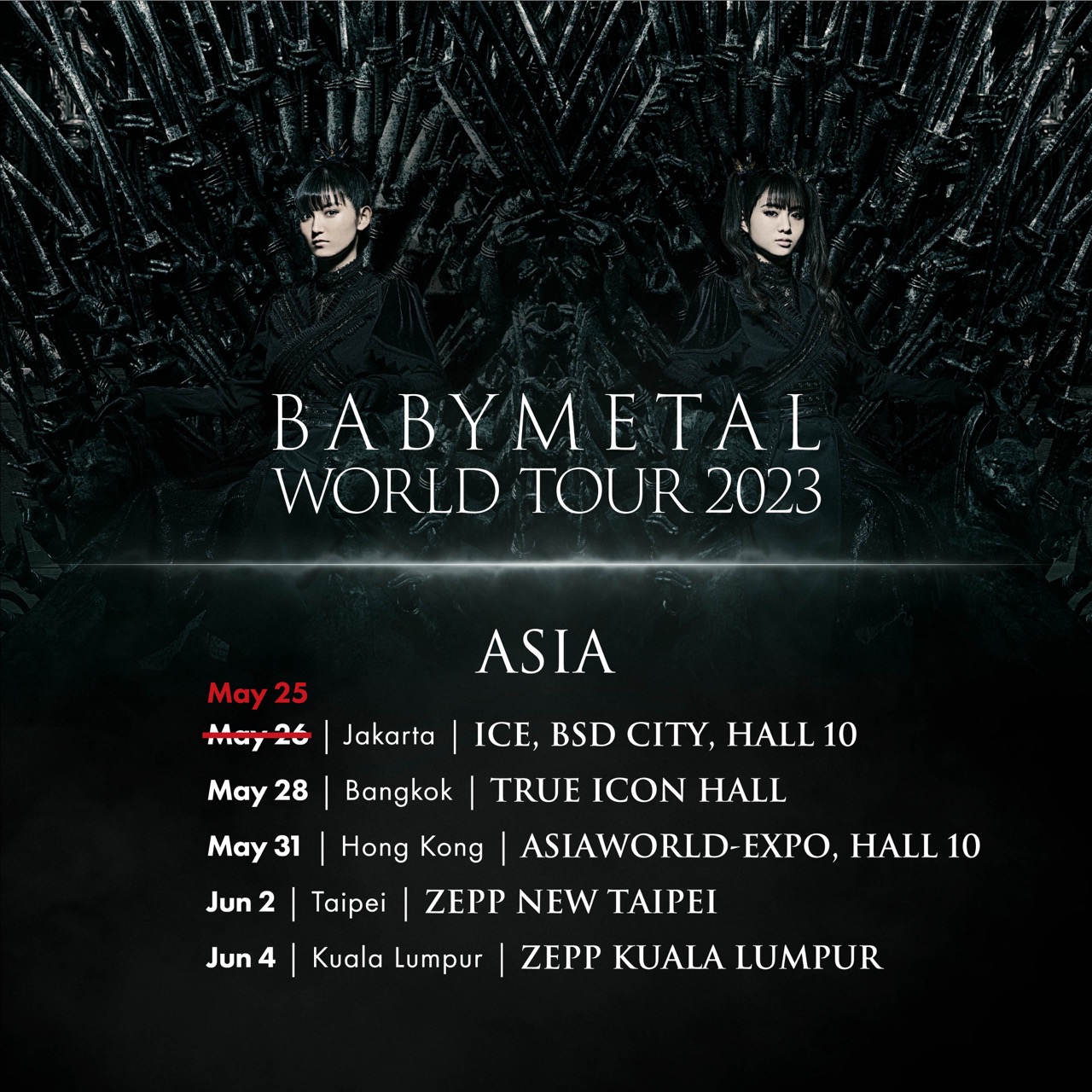 BABYMETAL on Twitter: "「BABYMETAL WORLD TOUR 2023 IN JAKARTA」公演日程変更のお