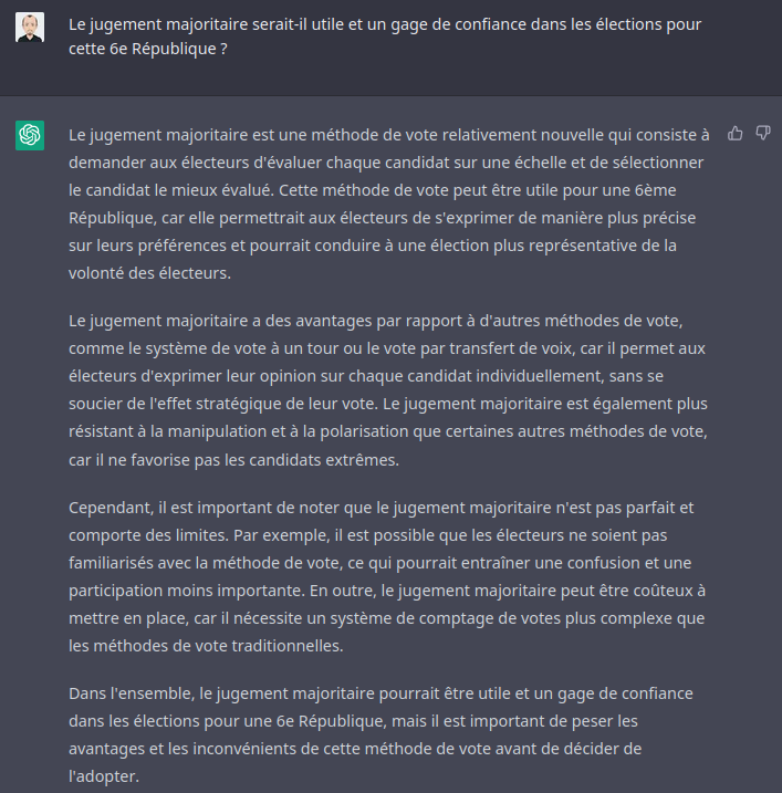J'aimerais utiliser le #jugementmajoritaire, voici la réponse de l'IA :