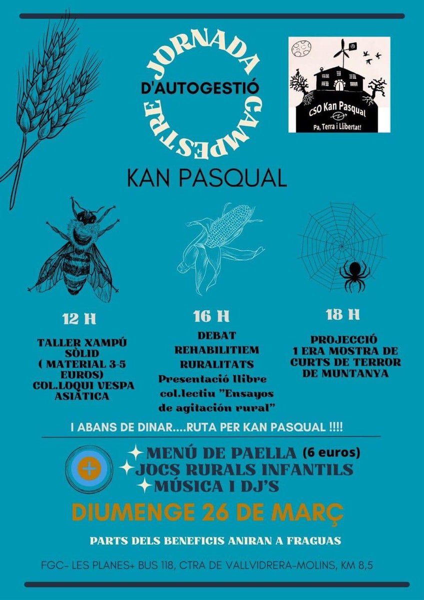 ruralitats's tweet photo. El proper diumenge, 26 de març, Jornada Campestre per l’autogestió a Kan Pasqual. Amb tallers matinals, activitats infantils, xerrada, cine i música. I presentarem el llibre Ensayos de agitación rural. Us esperem! https://t.co/BDNBdOxZKy