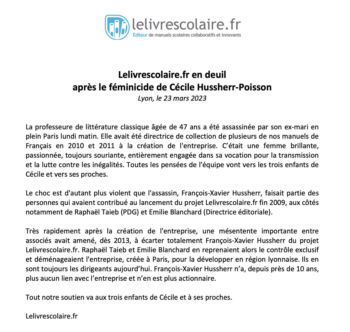 lelivrescolaire's tweet photo. https://t.co/rL2NRHGnmW en deuil après le féminicide de Cécile Hussherr-Poisson. Notre communiqué : https://t.co/9c9xWL0vao https://t.co/oeEC5BGtRP