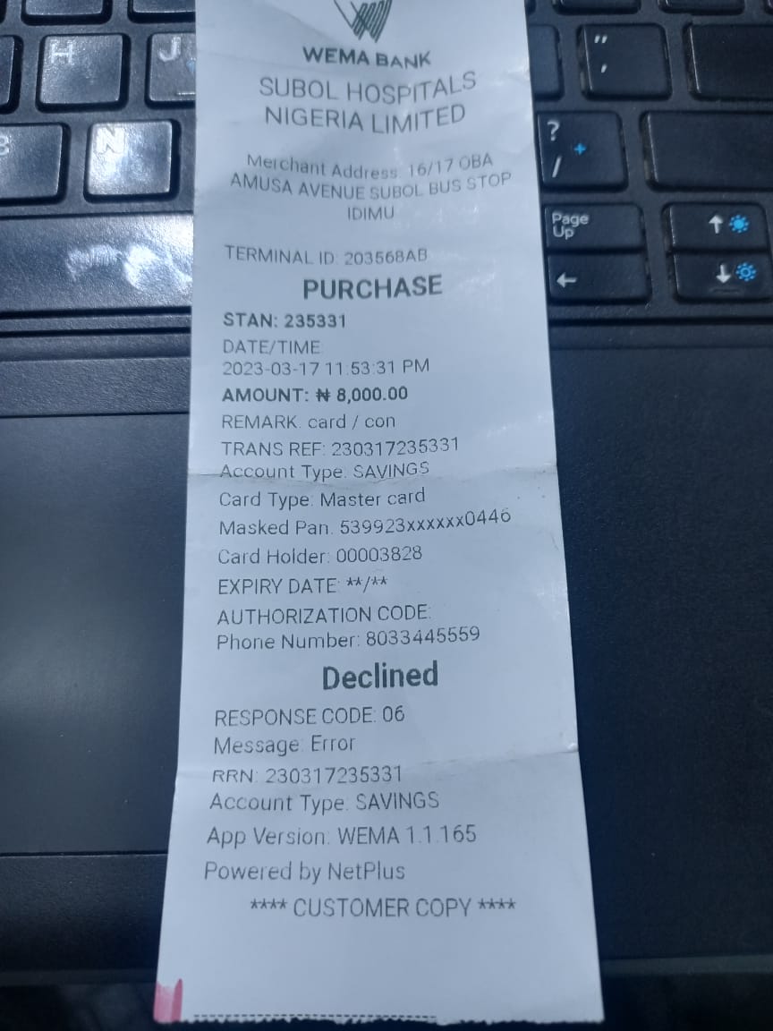Segzyonline's tweet photo. @FBN_help Hey FB, I used a wema bank POS on 17/03/2023, wic it declined and yet i was still debited  #8,000 and up till now  i am yet to be reversed.
also debited #800 on money point POS on 15/03/2023
I have attached here the screenshot of the slips 
Kindly help me look into it https://t.co/Y44ZiPkqBm