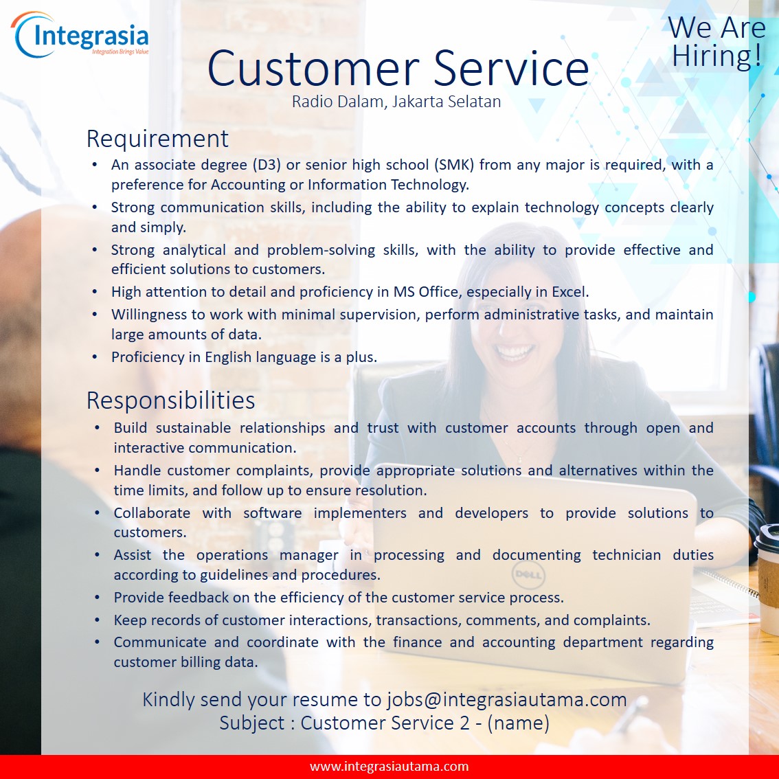 integrasiautama's tweet photo. [INFO LOKER]  
Customer Service (IT) - PT Integrasia Utama  
Radio Dalam - Jakarta Selatan  
  
Kirimkan CV dan Lamaran melalui email ke: jobs@integrasiautama.com  
Subject : Customer Service 2 - (nama anda) 
 
#customerservice #customersupport #teknologi #administrasi #lowongan https://t.co/zbTi8jyDm0