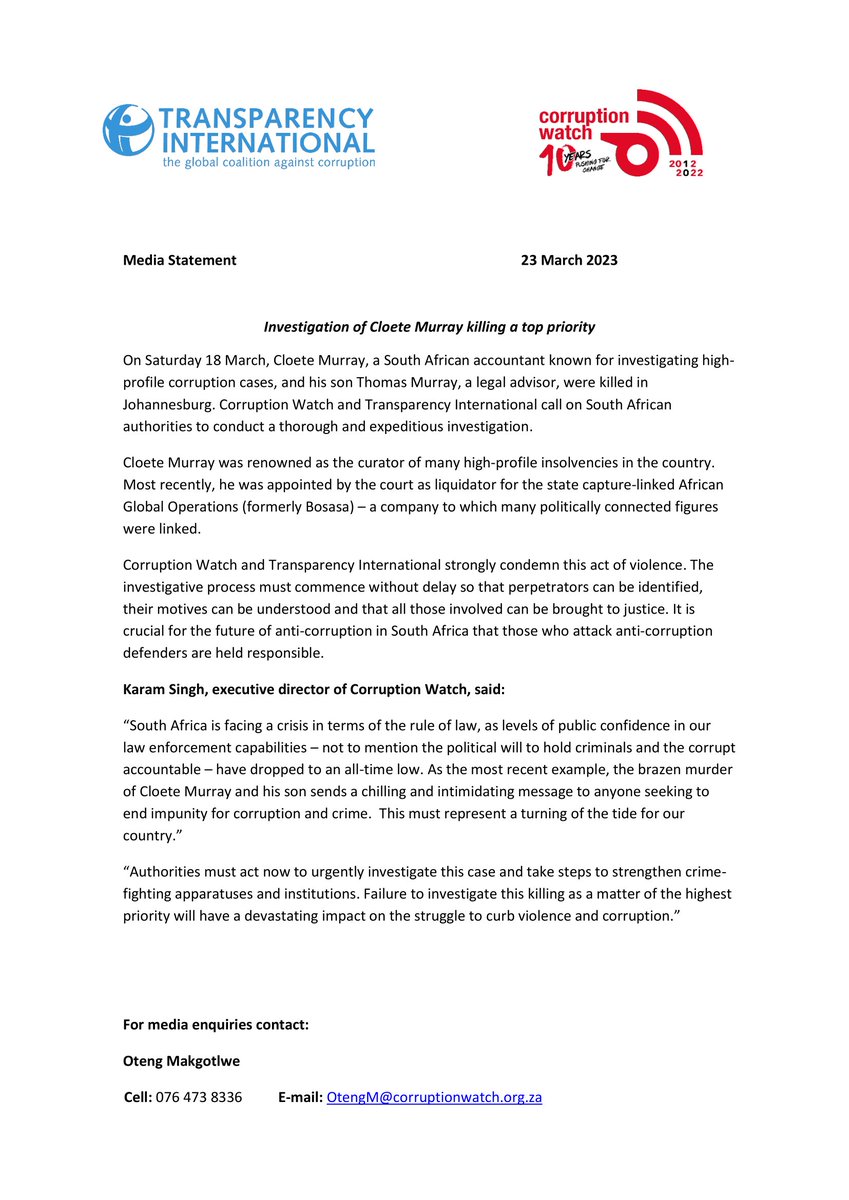 Corruption_SA's tweet photo. STATEMENT | Cloete Murray, a South African accountant known for investigating high profile corruption cases, and his son Thomas Murray, a legal advisor, were killed in Johannesburg recently. We call on South African authorities to conduct a thorough and expeditious investigation. https://t.co/1RAMXa28ra