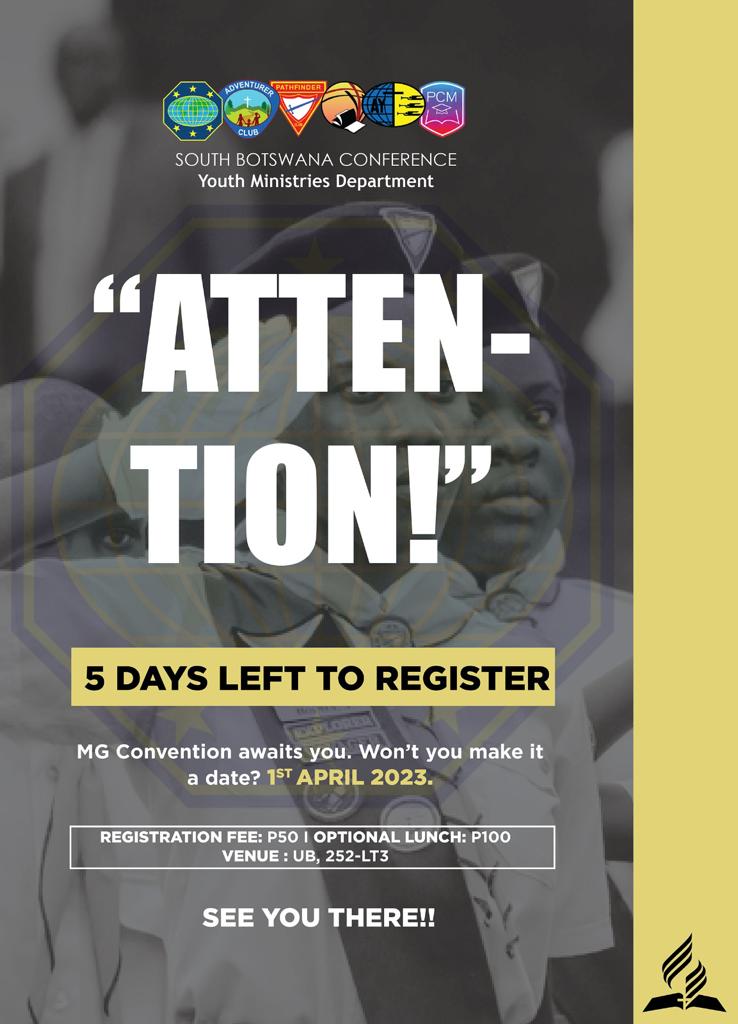 AdventistSbc's tweet photo. attention. ..attention!! the masterguide convention is just by the door..please don't wait till it's too late.. register now!!!
#sbcyouth #remashetla #kajeso #iwillgo #masterguide https://t.co/xf5PkfQeO8