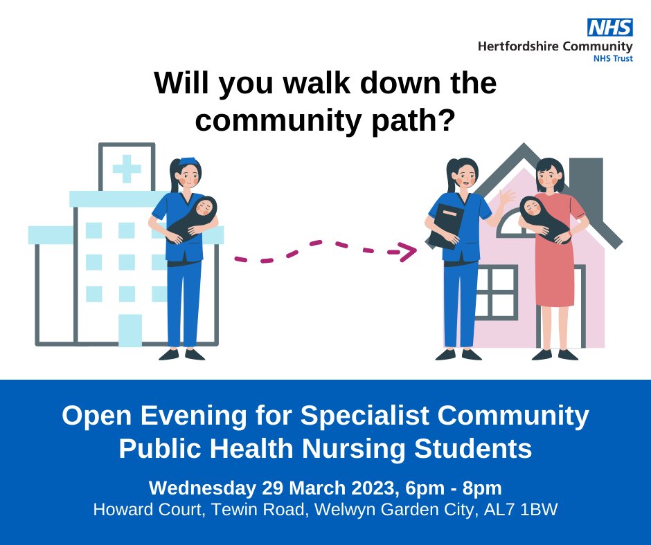 Will you walk down the community path? As a Registered Nurse/Midwife, you could train with HCT and @UniofHerts to become a Health Visitor or School Nurse. 👩‍⚕️ 👨‍⚕️ Interested in our SCPHN programme? We are holding an open evening on 29 March: ow.ly/WMmW50NnHOR