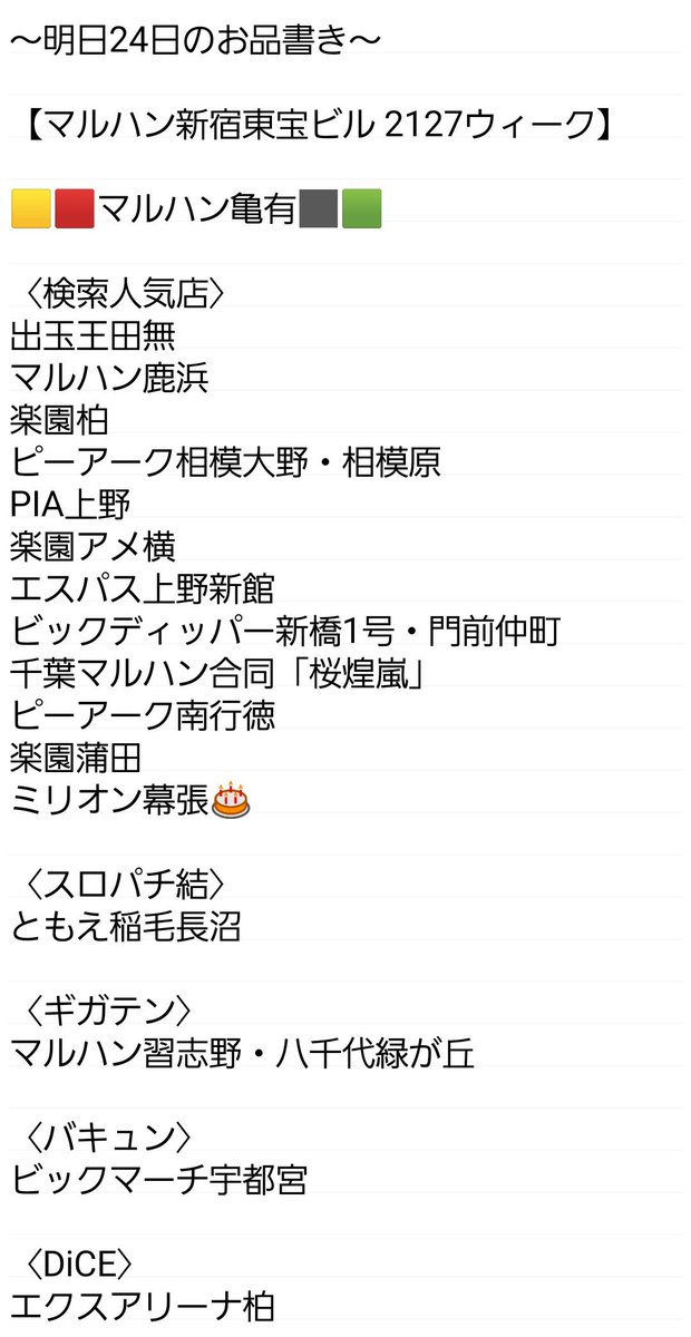 ~明日25日のお品書き~
【マルハン新宿東宝ビル 2127ウィーク】
〈検索人気店〉
楽園アメ横
マルハン亀有・鹿浜
エクスアリーナ東京
マルハン日野
練馬オーシャン
グランドシップ東雲
ビックディッパー新橋1号
PIA上野・八王子
ピーアーク竹ノ塚スタジオ・三田
楽園柏・松戸
PIA柏スロット館