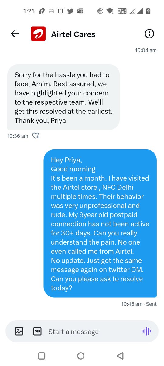 AmimAhmad's tweet photo. @Airtel_Presence What's going on @Airtel_Presence Again some another executive gave the same update but no resolution has been provided. This is really sad. https://t.co/vwmWZVl8kb