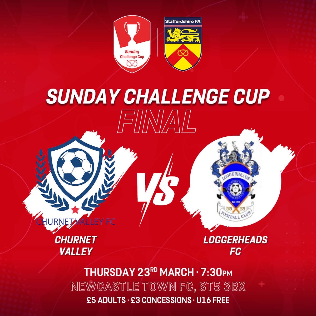 StaffordshireFA's tweet photo. 𝗜𝗧’𝗦 𝗠𝗔𝗧𝗖𝗛𝗗𝗔𝗬 🙌

We head to @NewcastleTownFC tonight for the final of the Sunday Challenge Cup ⚽️

@ChurnetValleyFC 🆚 Loggerheads FC

🗓️ Thursday 23rd March
🏆 Sunday Challenge Cup
📍 Newcastle Town
🕢 7:30pm

Match preview 👉 https://t.co/aPxjl1xV6P

#StaffsCups https://t.co/jfSkuRchW1