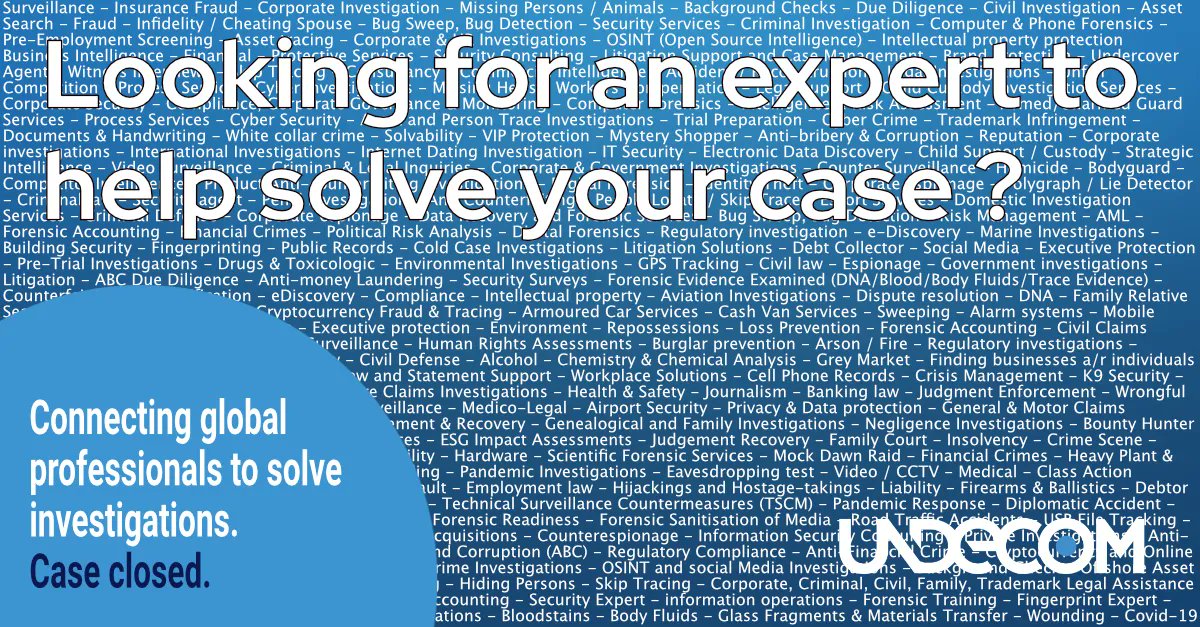 At the moment, over 1000 experts are ready to assist you with your investigations. Handwriting experts, lipreaders, private detectives, marine crime experts, vehicle crime experts, chemical experts, and the list goes on... Find out more on undecom.com #undecom