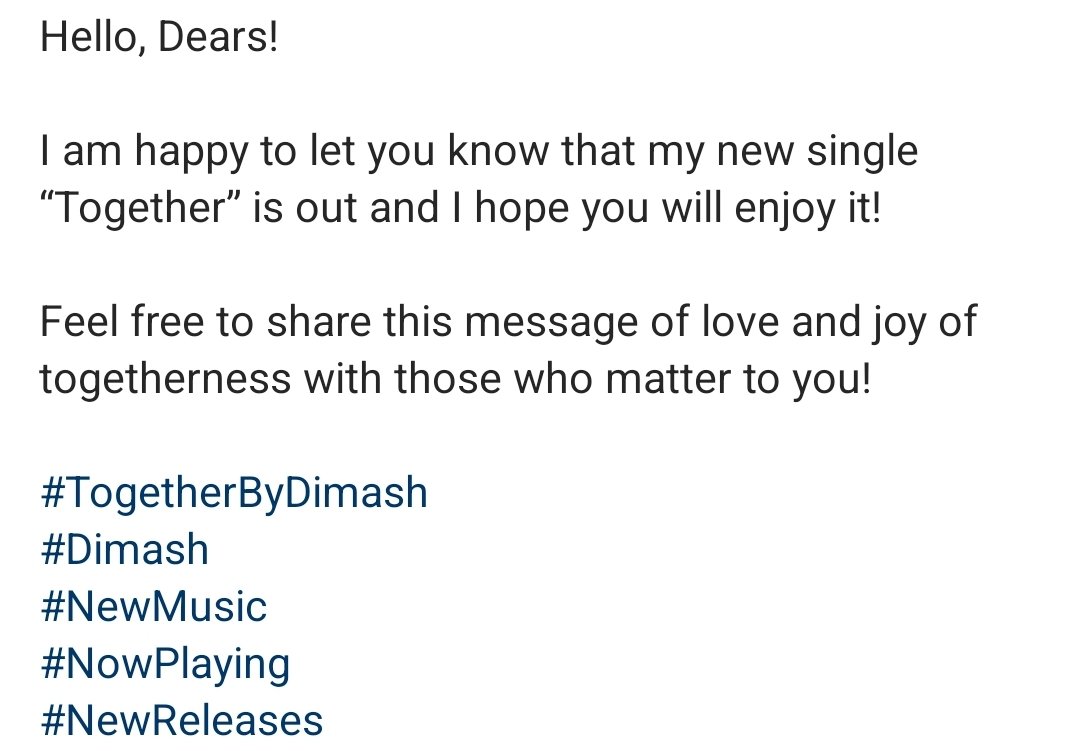 Dimash Qudaibergen announced his new song TOGETHER on Instagram!

Let's share the message of love and joy 
#TogetherByDimash #Dimash #NewMusic #NowPlaying #NewReleases <a href="/dimash_official/">Dimash Qudaibergen</a> 

open.spotify.com/track/2FU3zhvC…