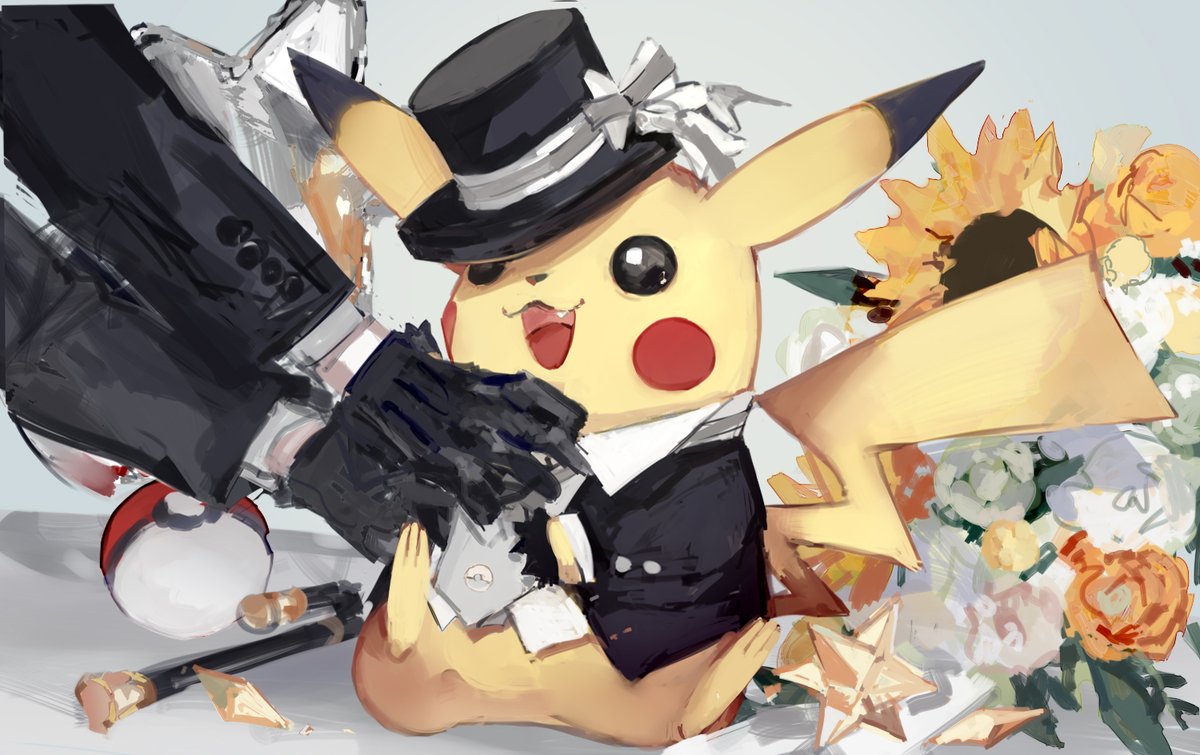 pikachu pokemon (creature) hat poke ball poke ball (basic) flower clothed pokemon gloves  illustration images