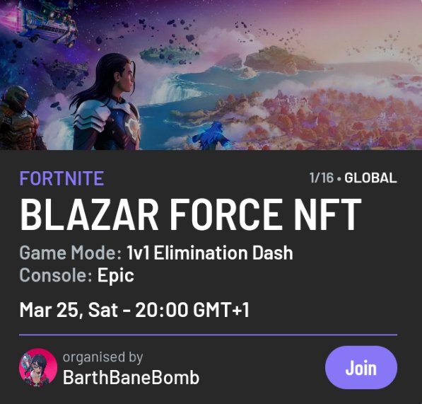 livingnwood's tweet photo. @BitsBlazar lightning ⚡⚡ just ignited a 🔥🔥 with it's BLAZAR FORCE NFT FORTNITE Tournament which will be LIVE at @IG_Galaxy this weekend. It's 1v1 Elimination Dash
⌚20:00 GMT+1
🗓️Mar 25,Sat
🌎 Global
https://t.co/cDr1nc0Xl2 https://t.co/R3znzWu4rn