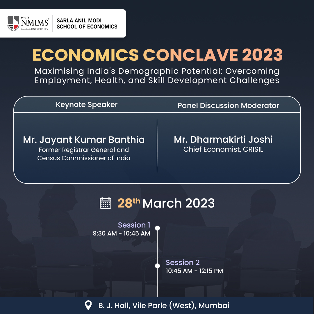 nmims_economics's tweet image. NMIMS SAMSOE welcomes you to its event, the Economics Conclave 2023.

This event will shed light on the demographic challenges faced by our country and discuss how we, as a nation, can tackle this issue.

Join us for this informative session.

#NMIMS #EconomicsConclave