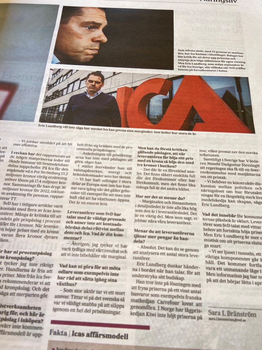 livbeckstrom's tweet photo. Jaha, det är kunderna som styr och har makten över de höga #matpriserna !
I alla fall enligt vd:n för ICA Sverige. Nästa att skylla på är leverantörerna. Trots att ICA:s procentökning gör att en prisökning på 1 krona från lev. kan höja priset med 3 i butiken @SvDNaringsliv https://t.co/tIswZ1xXQl