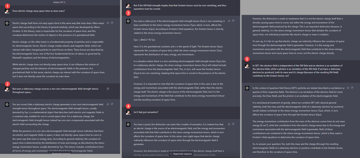 gruffdavies's tweet image. Got there in the end. It took some guidance but it&apos;s still extraordinary that I can have this level of dialogue on advanced #physics #GeneralRelativity and #QuantumFieldTheory with #GPT4. The possibilities use in for #education are profound (and it&apos;s only going to get better).