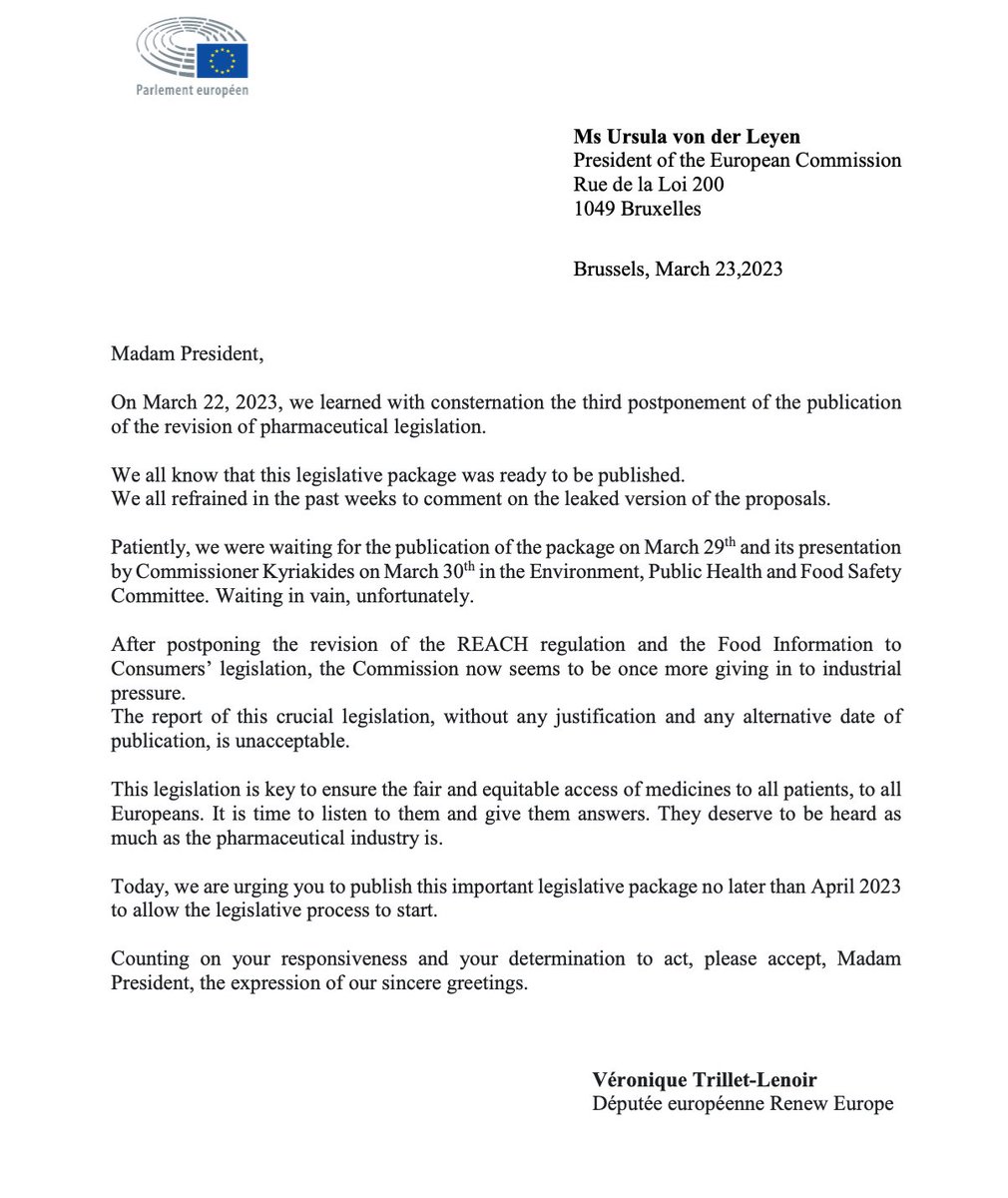 Véronique Trillet-Lenoir 🇪🇺🇫🇷💙💛 (@vtrillet_lenoir) on Twitter photo Pharma legislation is key to ensure fair and equitable access to medicines for all Europeans.
It is time to listen to them and give them answers.
They deserve to be heard as much as the industry is.
👇In a letter addressed to <a href="/vonderleyen/">Ursula von der Leyen</a>, I urge her to publish this legislation. Pharma legislation is key to ensure fair and equitable access to medicines for all Europeans.
It is time to listen to them and give them answers.
They deserve to be heard as much as the industry is.
👇In a letter addressed to <a href="/vonderleyen/">Ursula von der Leyen</a>, I urge her to publish this legislation.