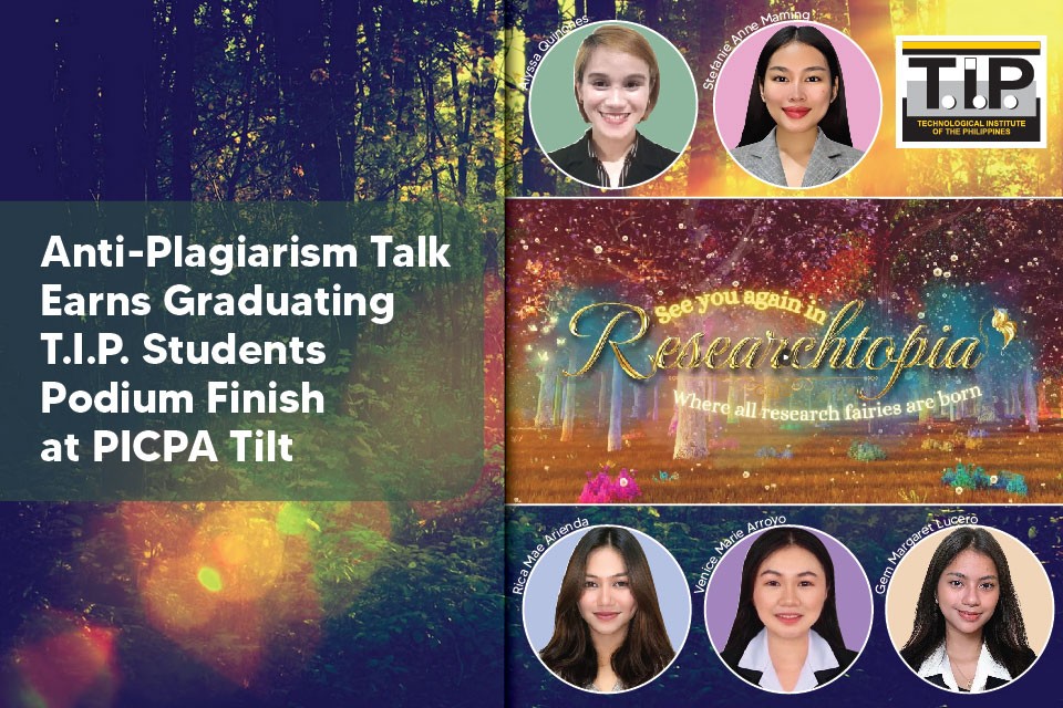 TIP1962official's tweet photo. An imaginative take on preventing plagiarism from the graduating T.I.P. Manila accountancy students won them 1st runner-up at the 2nd Accounting Students Research Festival. Learn more about their achievement here: https://t.co/JaVvDQZSoA.

#TIPPride
#ThrivingTIPians https://t.co/hUf1fGNHyd