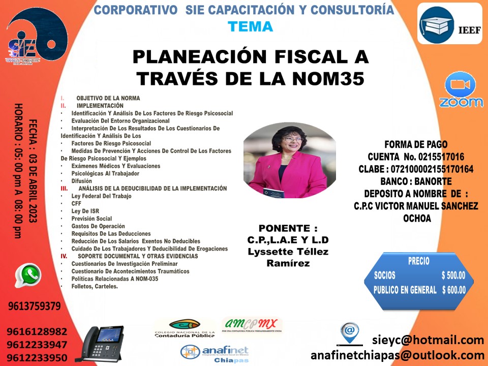 Anafinet Chiapas y Sie Capacitación Y Consultoría te invita a que participes en nuestro proximos curso On Line.
Teléfonos de contacto
9616128982
9612233947
9612233950
WhatsApp: 961-375-9379 link: wa.me/529613759379
ww.sieyc.com
#siecapacitacionyconsultoria