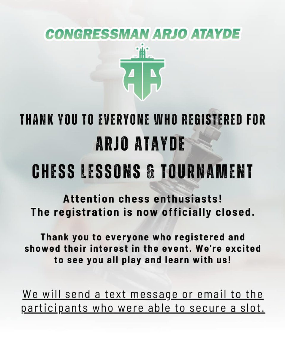 ESentroArtista's tweet image. Thank you to everyone who registered for Arjo Atayde Chess Lessons & Tournament!
Registration is now closed, and we can't wait to get started with this exciting event. Stay tuned for more updates, and good luck to all our participants! #ArjoAtayde #ChessLessons #ChessTournament