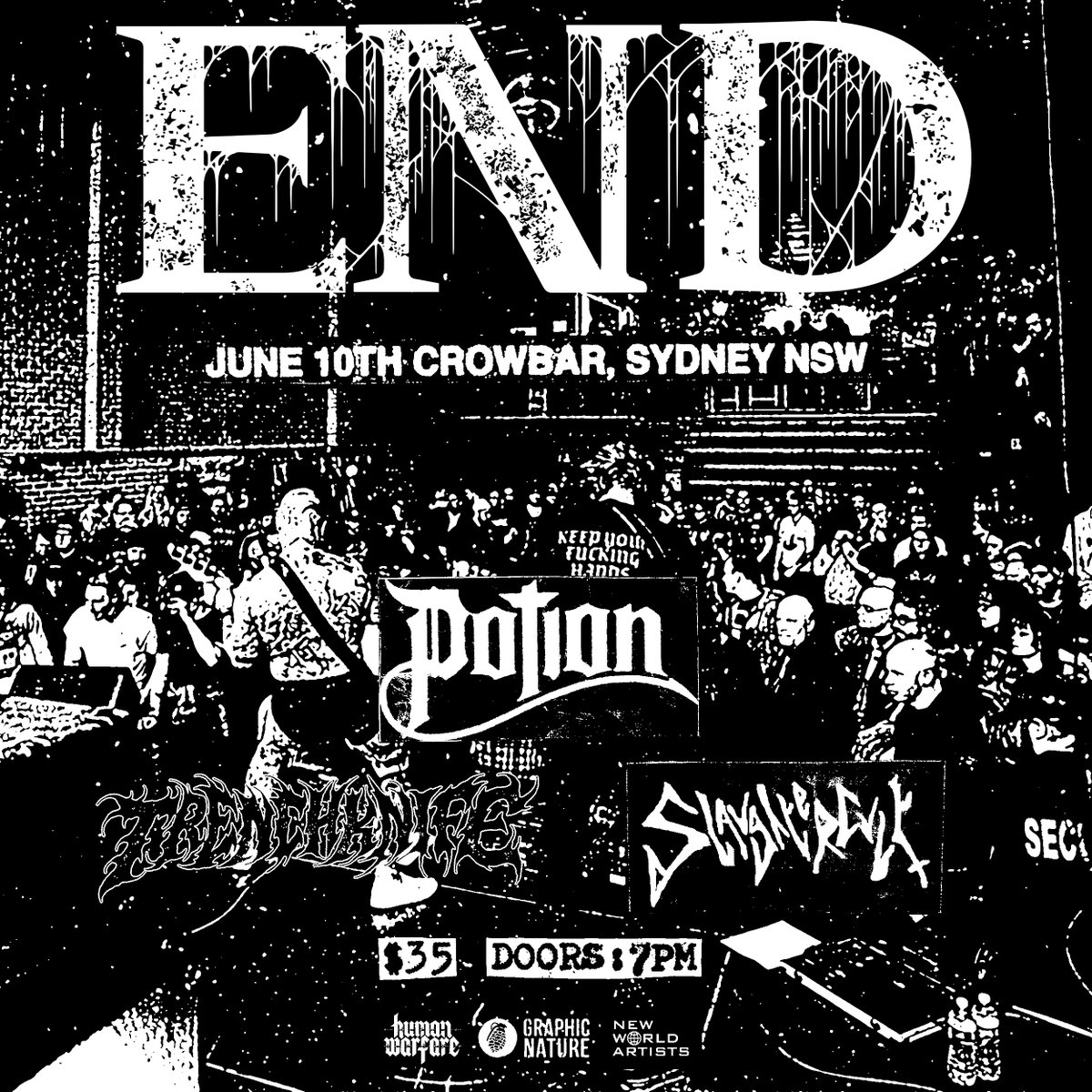 Potiondoom's tweet photo. Excited to be supporting Hardcore/Metal Legends END at @CrowbarSyd in June thanks to @humanwarfareau  with Trenchknife and Slaughtercult. ⚖️

Tickets on sale NOW from https://t.co/5piFUYOGzq https://t.co/bbxM558lDZ