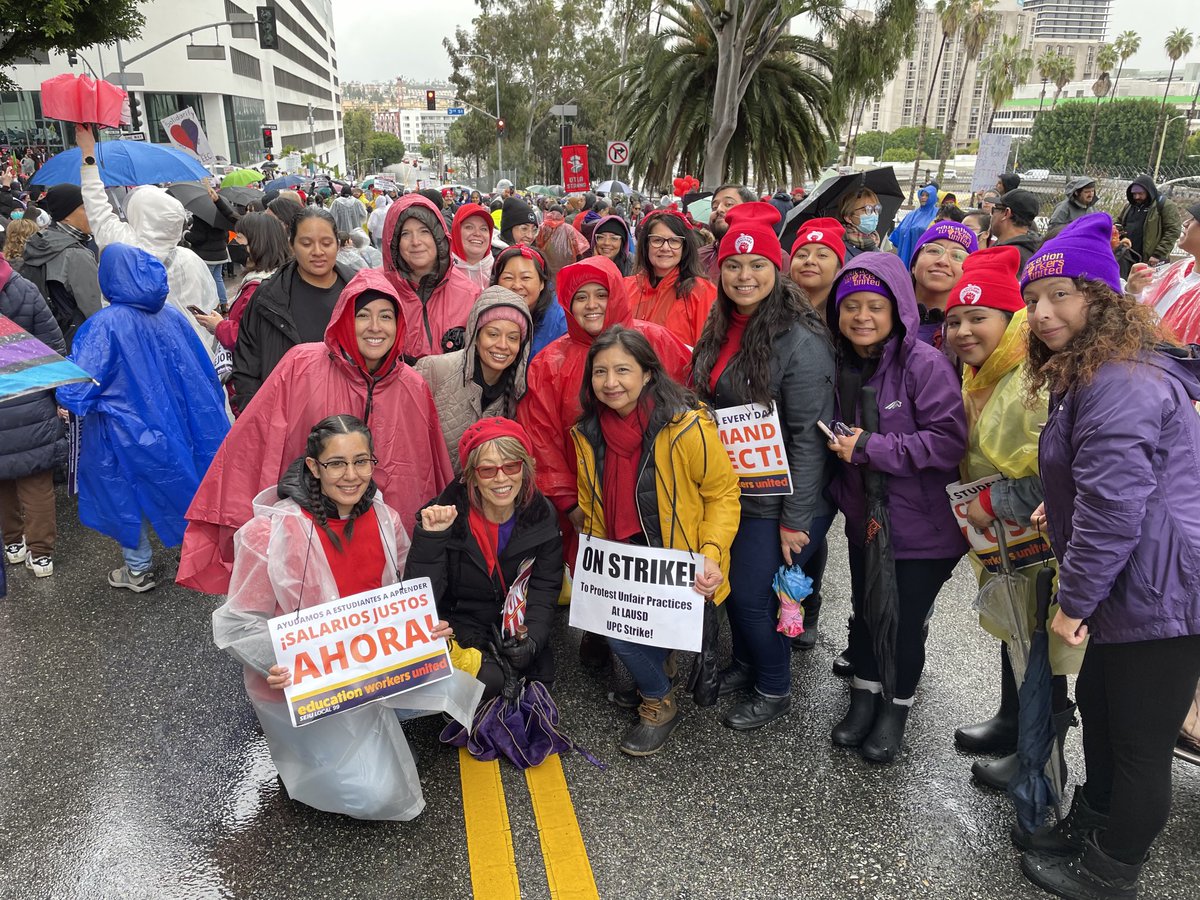 ArleneInouye's tweet photo. SEIU Solidarity Strike Day 2- strong picketing and rally. Members are celebrating the power of our unity. Mayor Karen Bass called into negotiations with SEIU and District. #UTLAnow #UniteLA https://t.co/0V4BwkCWc7