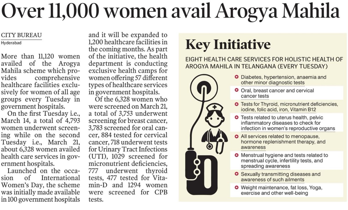 More than 11,000 women availed #ArogyaMahila scheme which provides comprehensive healthcare facilities exclusively for women of all age groups every Tuesday in Primary Helath care clinics.

8 Health care services for holistic health of Arogya Mahila in #Telangana (Every Tuesday)