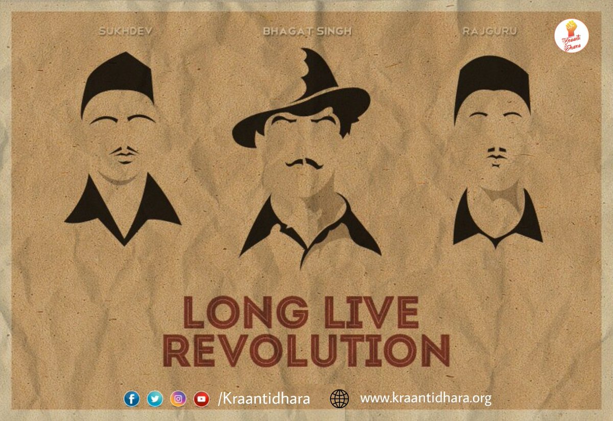 Kraantidhara's tweet photo. The history of Martyr's Day in India dates back to March 23, 1931, when three young freedom fighters Bhagat Singh, Rajguru &amp; Sukhdev were hanged to death in Lahore jail by the British government.
#MartyrsDay
#MartyrsDay23Mar 
#ShaheedDiwas 
#InquilabZindabad 
#JaiHind https://t.co/7y6OgCArlL