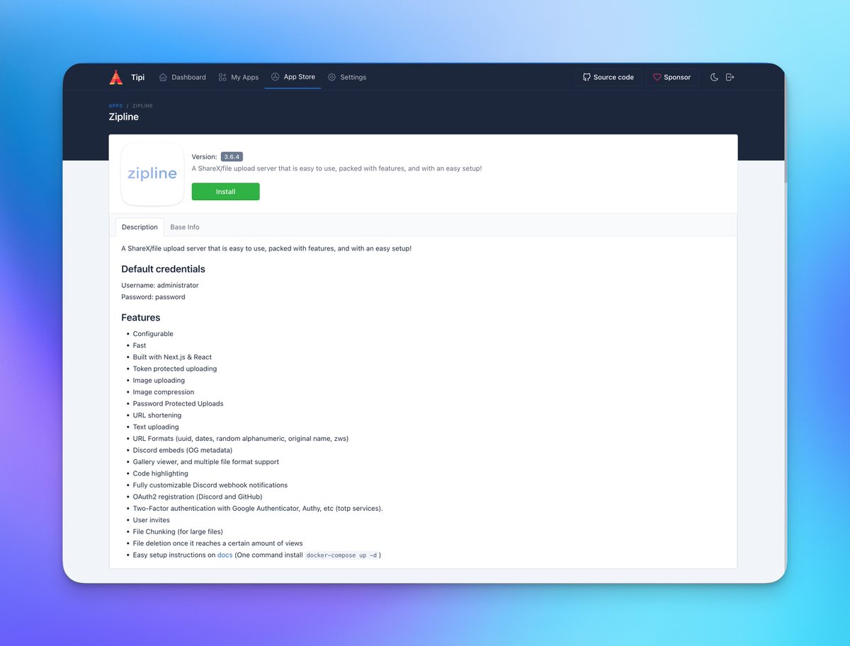 Need an alternative to Imgur or Gyazo? You should check out Zipline! Easy to set up with Tipi, you can use Zipline as your image hoster with ShareX (Windows) and Flameshot (Mac, Linux). Check it out today in your Tipi Dashboard!

runtipi.io
#selfhosted #docker #imgur