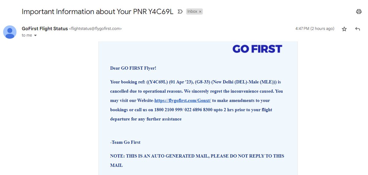 manasvipal92's tweet photo. Had booked G8 -33 @GoFirstairways from DLE - MLE for April 1st . Now they have cancelled the flight 10 days back and put cancellation charges of Rs.2182/- in demand of full refund. Kindly look into this matter @DGCAIndia @JM_Scindia @MoCA_GoI @KritiBaghellive #boycottgofirst https://t.co/Q3iX5yG9sS