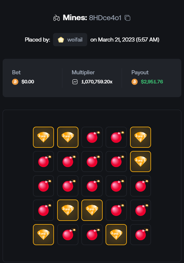 shufflecom's tweet photo. In all the action on Shuffle over the last few days, we missed this monster of a multiplier on mines... 

Weifail hit a 1,000,000x on https://t.co/WtGnb1cQXv https://t.co/hMu6GkjzZi