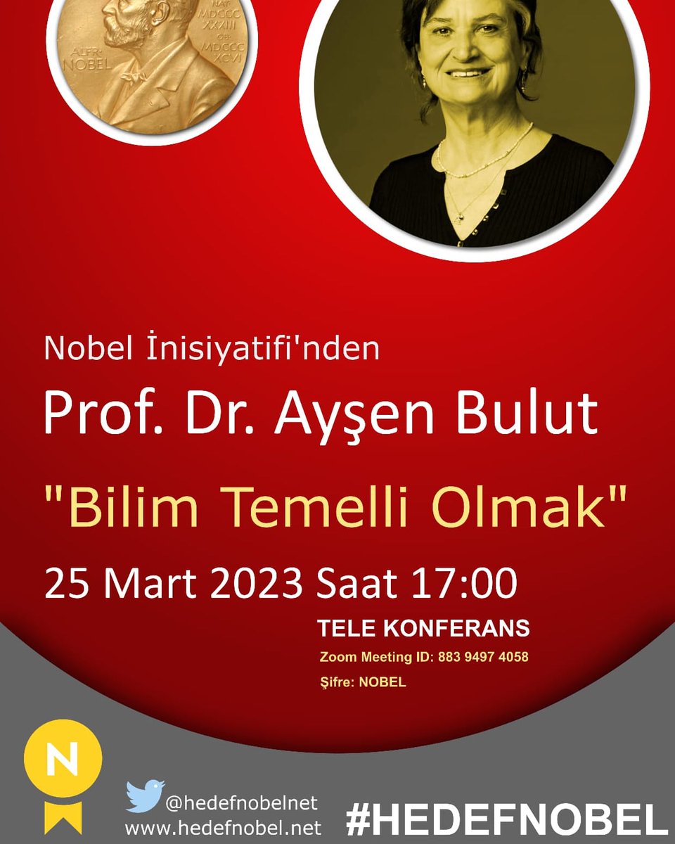 Eşi görülmemiş afet ve krizlerle seyreden bir dönüşümü, #BilimDevrimi çağını yaşıyoruz. Bilim temelli olmadan kişiler, kurumlar ve insanlık olarak ayakta kalamayacağımızı her gün bizzat yaşayarak öğreniyoruz. Prof. Dr. Ayşen Bulut bu ayki #HedefNobel konuşmacımız, bekleriz.