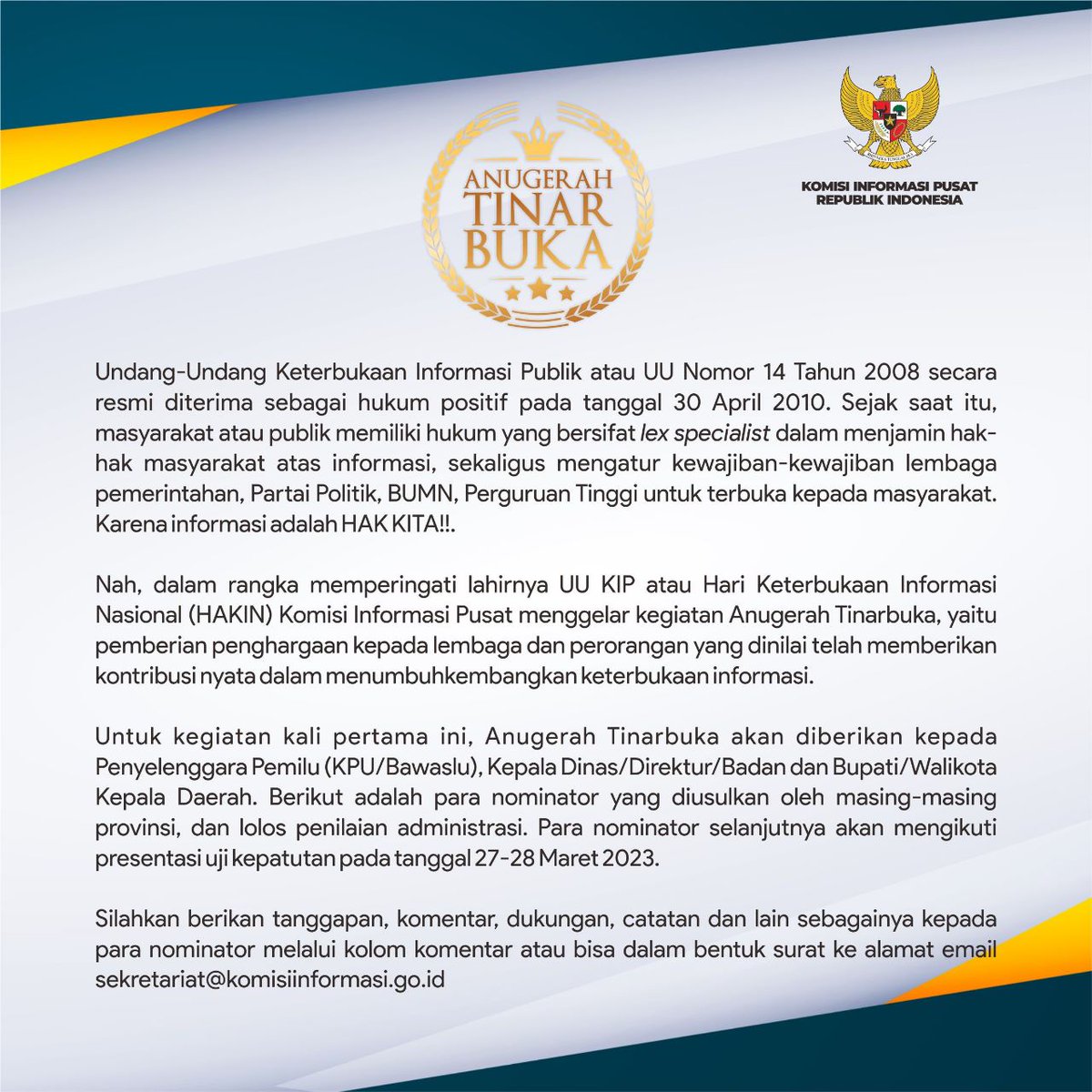 KIPusat's tweet photo. Anugerah Tinarbuka Kategori Bupati/Walikota 

Silahkan berikan tanggapan, komentar, dukungan, catatan dan lain sebagainya kepada para nominator melalui kolom komentar atau bisa dalam bentuk surat ke alamat email sekretariat@komisiinformasi.go.id

#AnugerahTInarbuka2023 https://t.co/njDlSfhXJ8