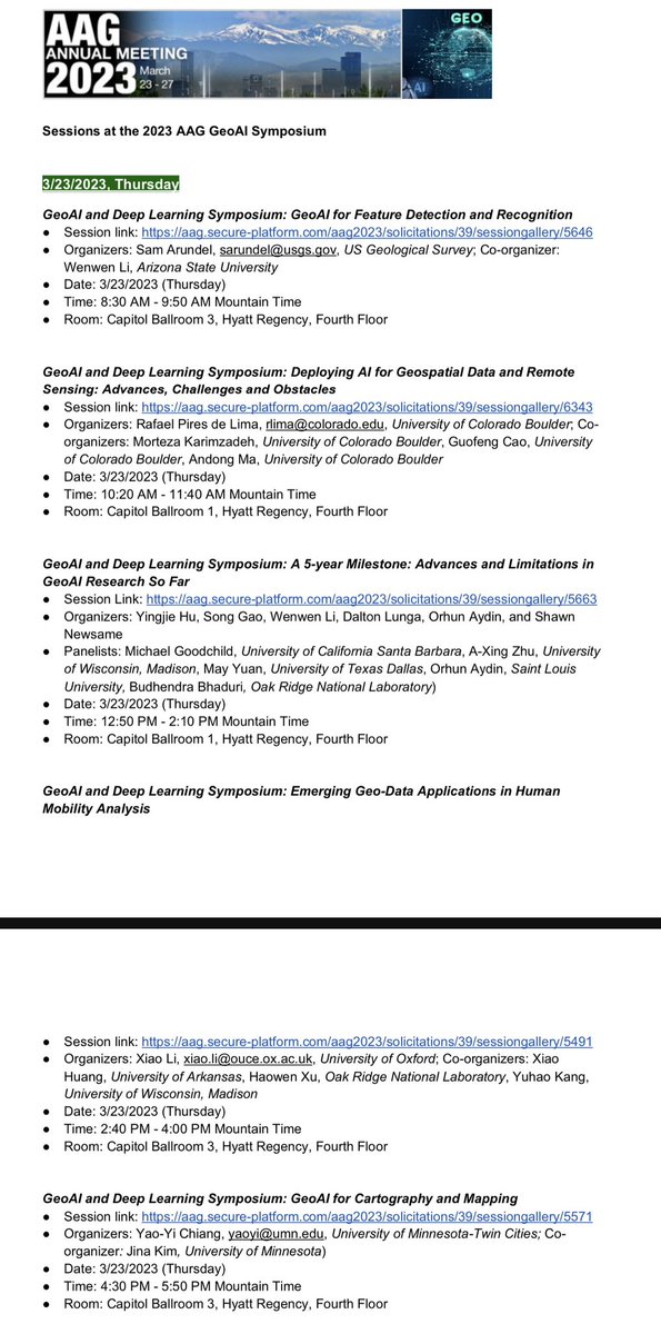 #AAG2023 Here is the list of sessions at the AAG GeoAI Symposium in Denver! See you tomorrow! Led by  <a href="/Yingjie_Hu/">Yingjie Hu</a> <a href="/WenwenLi_/">Wenwen Li</a> <a href="/DaltonLunga/">Dalton Lunga</a> <a href="/orhun_sow/">Orhun Aydin</a> PDF schedule available at go.wisc.edu/rz86f4