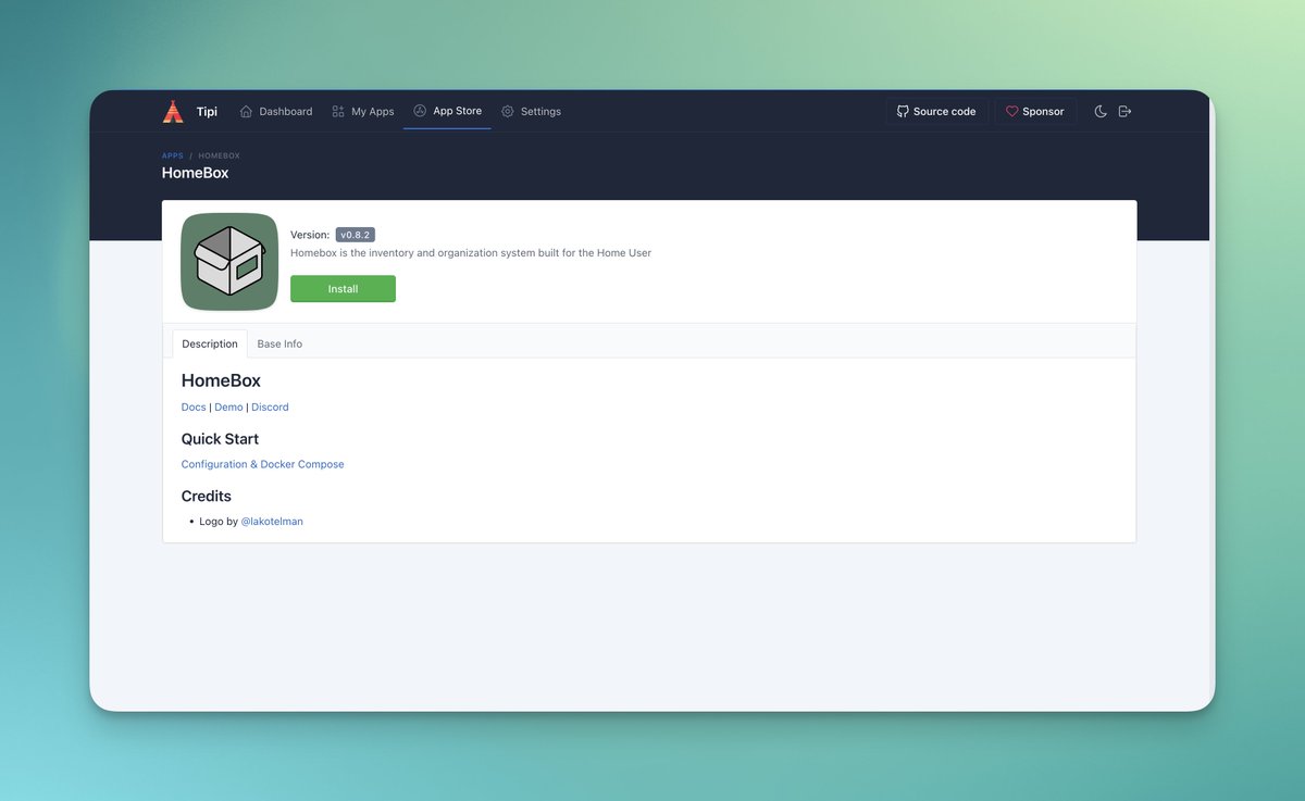 Need a easy way to organize your home? Give HomeBox a spin! With the ability to organize and create asset tags, you can keep all of your stuff orgainzed! <a href="/haybytes/">Hayden Kotelman</a> has done a amazing job on the app! Check it out today in your Tipi Dashboard!

runtipi.io
#selfhosted
