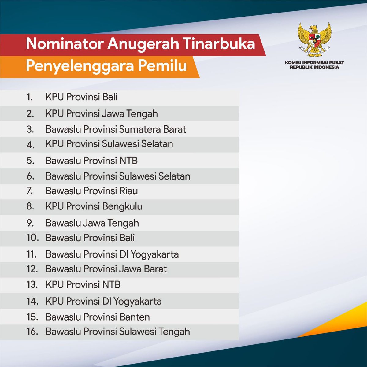 Anugerah Tinarbuka Kategori Penyelenggara Pemilu

Silahkan berikan tanggapan, komentar, dukungan, catatan dan lain sebagainya kepada para nominator melalui kolom komentar atau bisa dalam bentuk surat ke alamat email sekretariat@komisiinformasi.go.id

#AnugerahTInarbuka2023