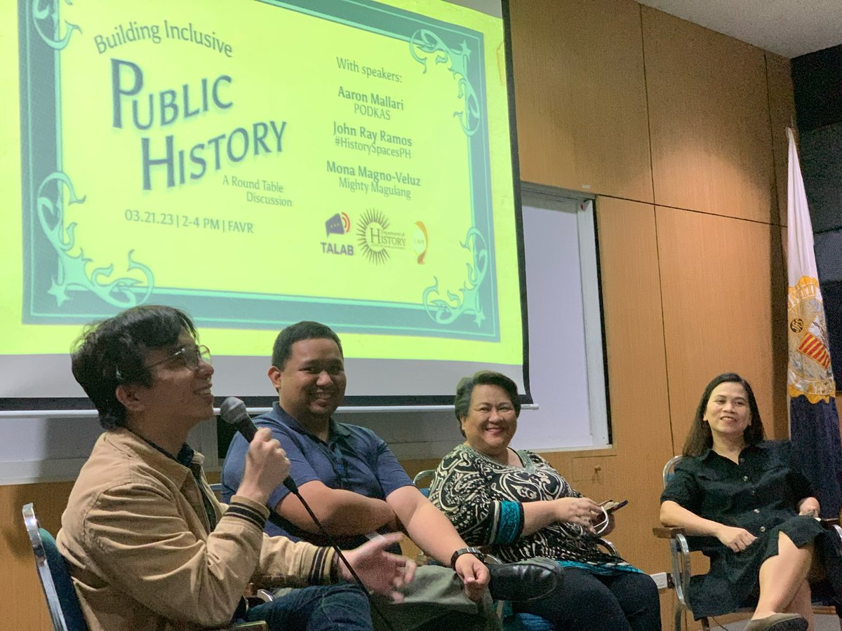 mightymagulang's tweet photo. I joined a round-table on “Public History” with Aaron Mallari (#PodKas cohost, UP PolSci lecturer) and @JuanSinag (#HistorySpace co-host, kids’ book writer and ADMU history lecturer) with Dr. Janet S. Reguindin-Estella of the ADMU Dept of History, moderating. https://t.co/3Nj9PW57Sd