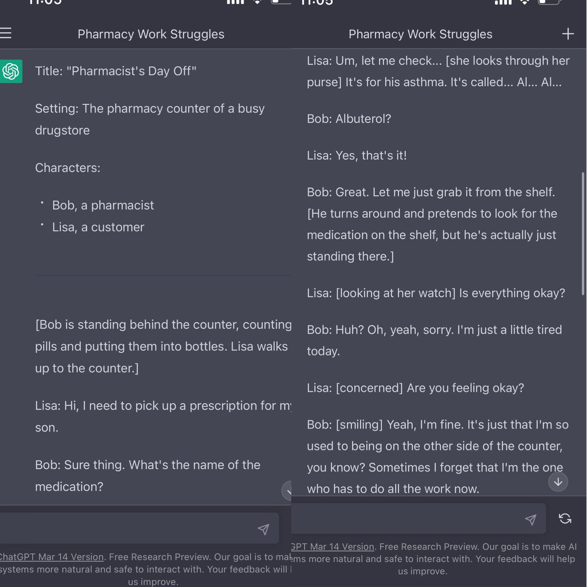 minamehvar's tweet photo. I asked #chatgpt  to write a COMEDY sketch about pharmacists (please remember, I asked for a comedy). The result is horrifyingly accurate and depressing #healthcare #ai #pharmacy https://t.co/DXmySxPJfQ