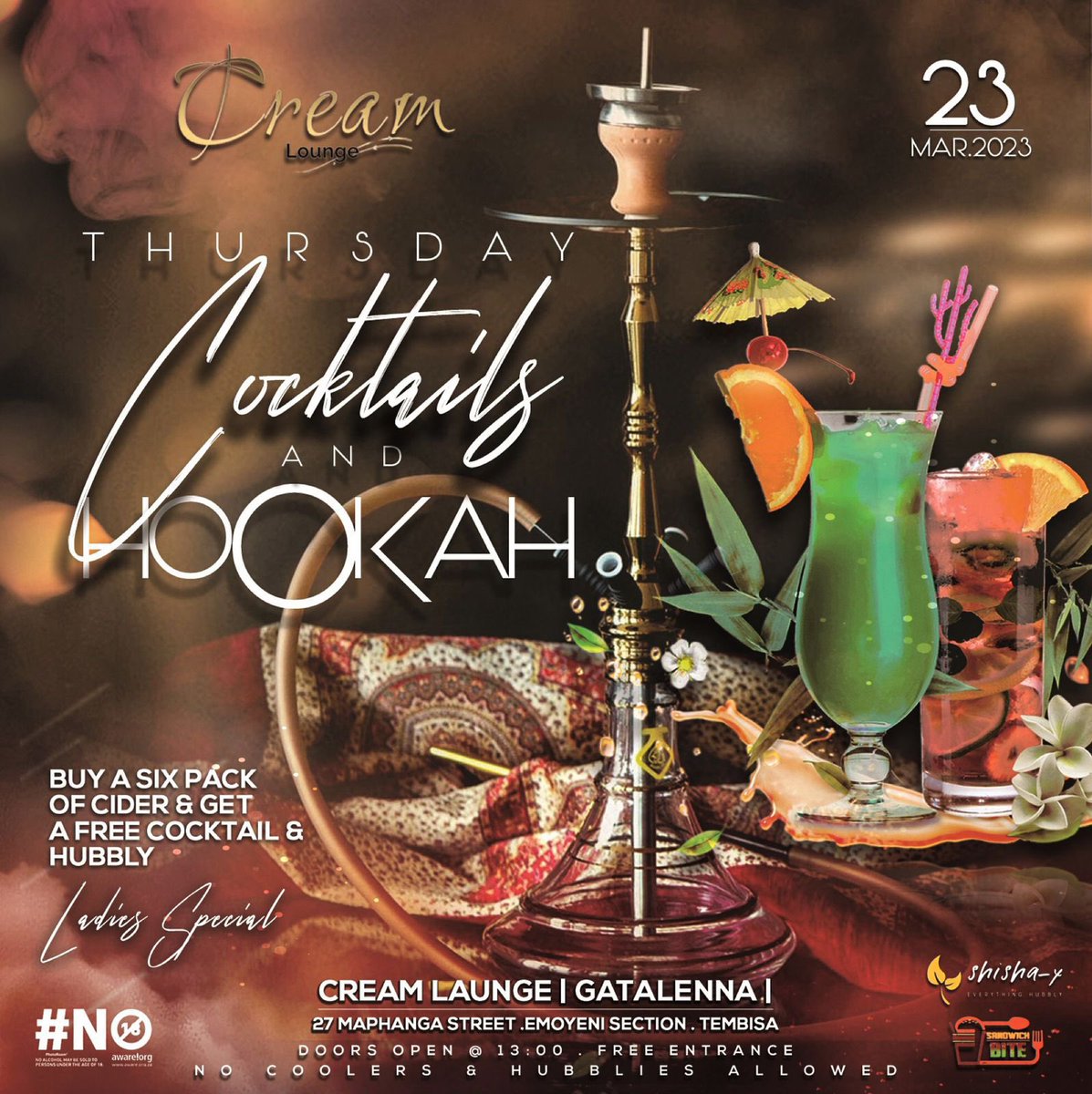 Cream_Lounge1's tweet photo. We are back with another exciting vibe tonite🔥💃, its Cocktails &amp; Hookah day, are you’ll ready?💃🕺🪩

Buy any 6 pack of ciders &amp; get a free Cocktail🍹&amp; hubbly🥘🚬 

#AdultingShowmax #RHODurban Sane Annie Lesotho Bongani Baloyi Athi Dogg Tsatsi Makro Tik Tok Kiernan Boity LGBTQ https://t.co/7xVFBER98X
