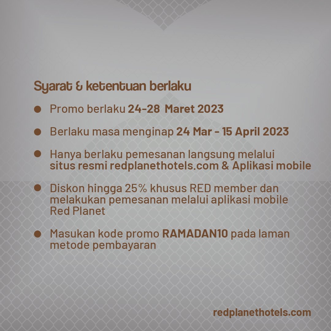 redplanetid's tweet photo. Hemat hingga 25% menggunakan kode promo RAMADAN10 di seluruh Red Planet hotel di Indonesia. 

Kode berlaku mulai 24 - 28 Maret 2023, dan periode menginap mulai 24 Maret - 15 April 2023. 

Pesan sekarang!  😁
https://t.co/P1m3dFk6hB 

#paydaypromo #ramdankareem ##promoramadhan https://t.co/EPm1dPEcY5