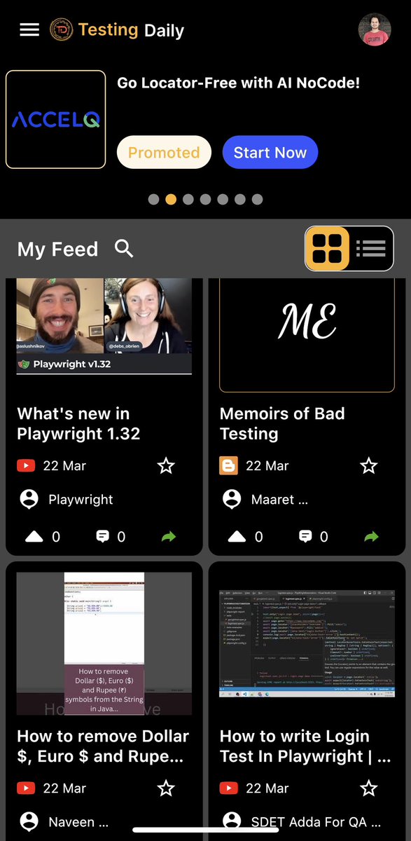 SH_TestingDaily's tweet photo. What’s trending in #TestingDaily today 🎉
Congratulations &amp; thanks for creating amazing content for testing community- @playwrightweb @debs_obrien , @maaretp, @naveenkhunteta &amp; @imrmishra29

Install the Testing Daily Mobile App &amp; get latest testing feed 🔗
https://t.co/VCo8hob66s https://t.co/vLaW60ufkz