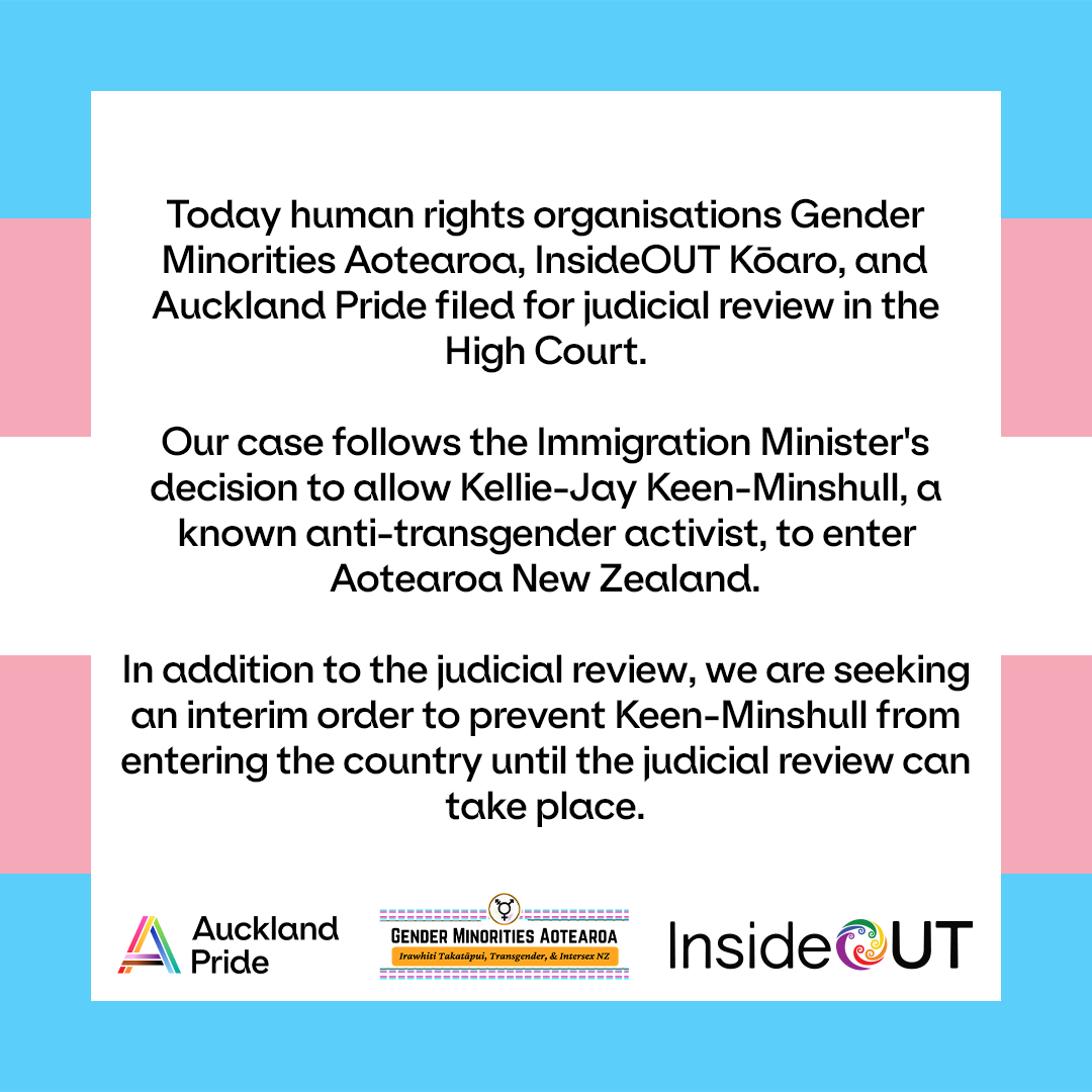 insideoutkoaro's tweet photo. Today, InsideOUT Kōaro, Gender Minorities Aotearoa and Auckland Pride filed for judicial review in the High Court.

You can support our cause by donating to help cover our legal fees here:
https://t.co/cdgwWQ1eIq https://t.co/ZSgxxksQLl